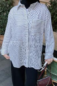 White Black Shirt Collar Long Arm Viscose Fabric Shirt