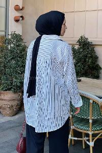 White Black Shirt Collar Long Arm Viscose Fabric Shirt