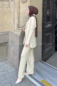 Beige V Neck Long Arm Cotton Fabric Viscose Fabric Regular Trousers Comfortable Suit