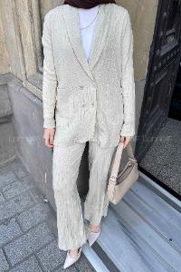 Beige V Neck Long Arm Cotton Fabric Viscose Fabric Regular Trousers Comfortable Suit