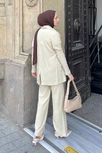 Beige V Neck Long Arm Cotton Fabric Viscose Fabric Regular Trousers Comfortable Suit