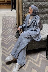 Smoked V Neck Long Arm Cotton Fabric Viscose Fabric Regular Trousers Comfortable Suit