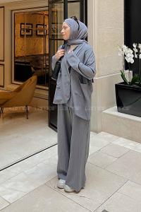 Smoked V Neck Long Arm Cotton Fabric Viscose Fabric Regular Trousers Comfortable Suit