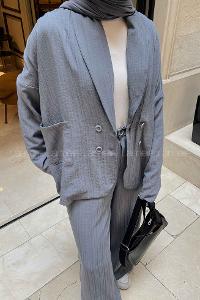 Smoked V Neck Long Arm Cotton Fabric Viscose Fabric Regular Trousers Comfortable Suit