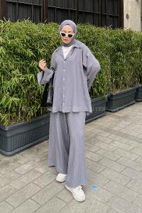 Smoked Shirt Collar Bat Sleeve Arm Cotton Fabric Viscose Fabric Regular Trousers Comfortable Suit