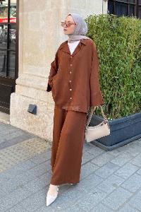 Brown Shirt Collar Bat Sleeve Arm Cotton Fabric Viscose Fabric Regular Trousers Comfortable Suit