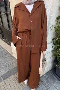 Brown Shirt Collar Bat Sleeve Arm Cotton Fabric Viscose Fabric Regular Trousers Comfortable Suit