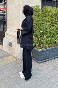 Black Shirt Collar Bat Sleeve Arm Cotton Fabric Viscose Fabric Regular Trousers Comfortable Suit