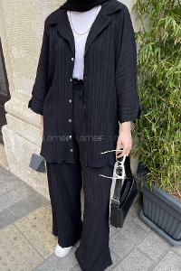 Black Shirt Collar Bat Sleeve Arm Cotton Fabric Viscose Fabric Regular Trousers Comfortable Suit