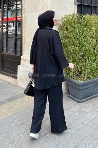 Black Shirt Collar Bat Sleeve Arm Cotton Fabric Viscose Fabric Regular Trousers Comfortable Suit