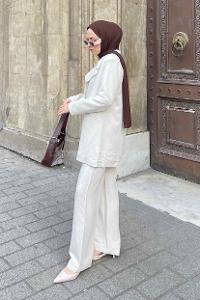 Lamelif Keten Klasik Ceket Pantolon Tesettür Takım Taş Rengi