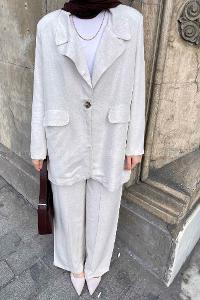 Lamelif Keten Klasik Ceket Pantolon Tesettür Takım Taş Rengi