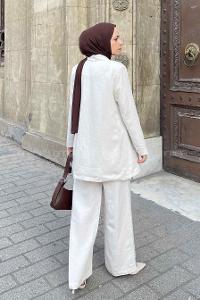 Lamelif Keten Klasik Ceket Pantolon Tesettür Takım Taş Rengi