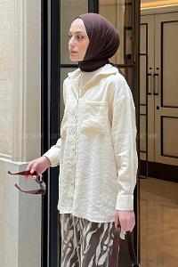 Cream Shirt Collar Long Arm Viscose Fabric Shirt