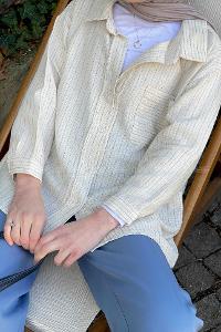 Lamelif Tek Cep Çizgili Oversize Gömlek Mavi