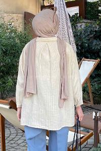 Lamelif Tek Cep Çizgili Oversize Gömlek Mavi