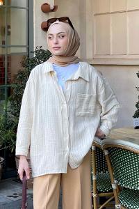 Brown With Milk Shirt Collar Long Arm Viscose Fabric Unprinted Shirt