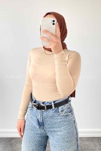 Lamelif Yarım Balıkçı Yaka Penye Body Krem