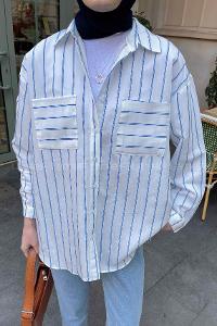 Lamelif Çizgi Desenli Cepli Gömlek Mavi