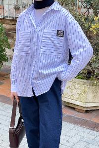 Lamelif Çizgili Arma Cep Detaylı Gömlek Beyaz