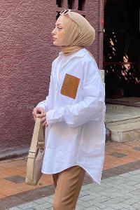 Lamelif Deri Cep Detaylı Gömlek Beyaz