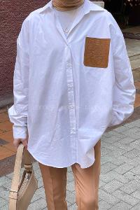 Lamelif Deri Cep Detaylı Gömlek Beyaz