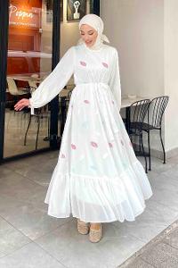 Lamelif Yaprak Desenli İncili Elbise Beyaz