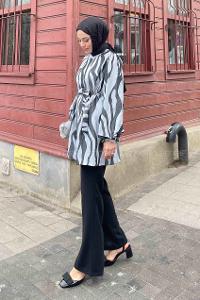 Lamelif Zebra Desen Balon Kol Tunik Takım Siyah