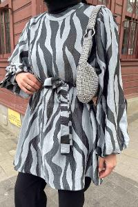 Lamelif Zebra Desen Balon Kol Tunik Takım Siyah