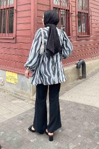 Lamelif Zebra Desen Balon Kol Tunik Takım Siyah