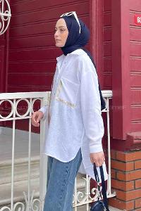 White Shirt Collar Long Arm Viscose Fabric Printed Shirt