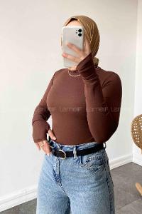Lamelif Balıkçı Yaka Eldivenli Pamuklu Body Kahverengi