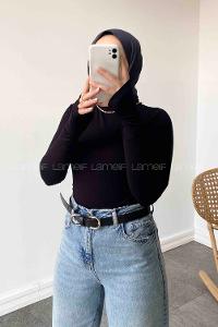 Lamelif Balıkçı Yaka Eldivenli Pamuklu Body Siyah