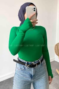 Lamelif Balıkçı Yaka Eldivenli Pamuklu Body Yeşil