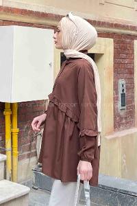 Lamelif Balon Kol Fırfırlı Tunik Acı Kahve