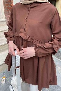 Lamelif Balon Kol Fırfırlı Tunik Acı Kahve