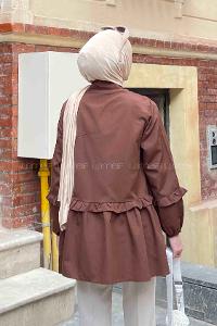 Lamelif Balon Kol Fırfırlı Tunik Acı Kahve