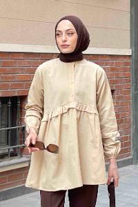 Lamelif Balon Kol Fırfırlı Tunik Krem