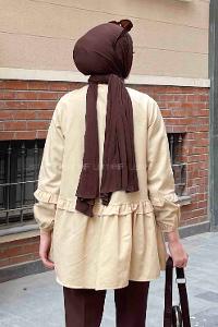 Lamelif Balon Kol Fırfırlı Tunik Krem