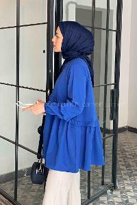 Lamelif Balon Kol Fırfırlı Tunik Saks Mavisi