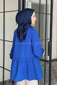 Lamelif Balon Kol Fırfırlı Tunik Saks Mavisi
