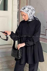 Lamelif Balon Kol Fırfırlı Tunik Siyah