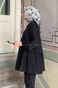 Lamelif Balon Kol Fırfırlı Tunik Siyah