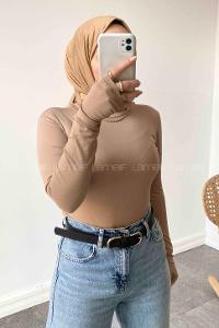 Lamelif Eldiven Detaylı Body Vizonrengi