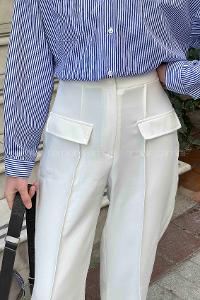 Lamelif Ön Kapak Cep Detaylı Çimalı Pantalon Ekru