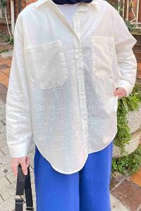 Lamelif Katlamalı Kol Detaylı Gömlek Ekru