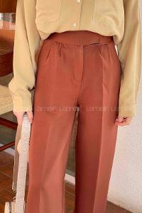Lamelif Beli Cırt Cırtlı Palazzo Model Pantolon Kahverengi