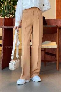Lamelif Beli Cırt Cırtlı Palazzo Model Pantolon Sütlü Kahve