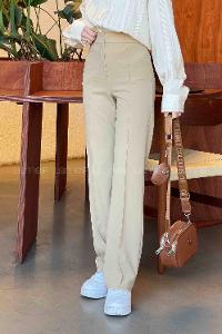 Lamelif Çımalı Bol Paça Pantolon Bej
