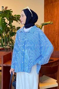 Lamelif Çizgili Oversize Gömlek İndigo